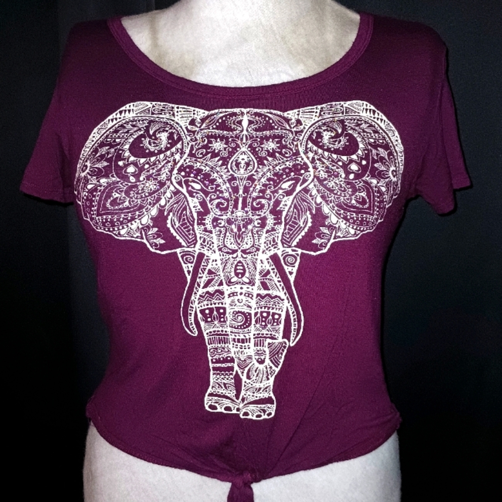 Burgundy and cream top with Elephant design and Rhinestones